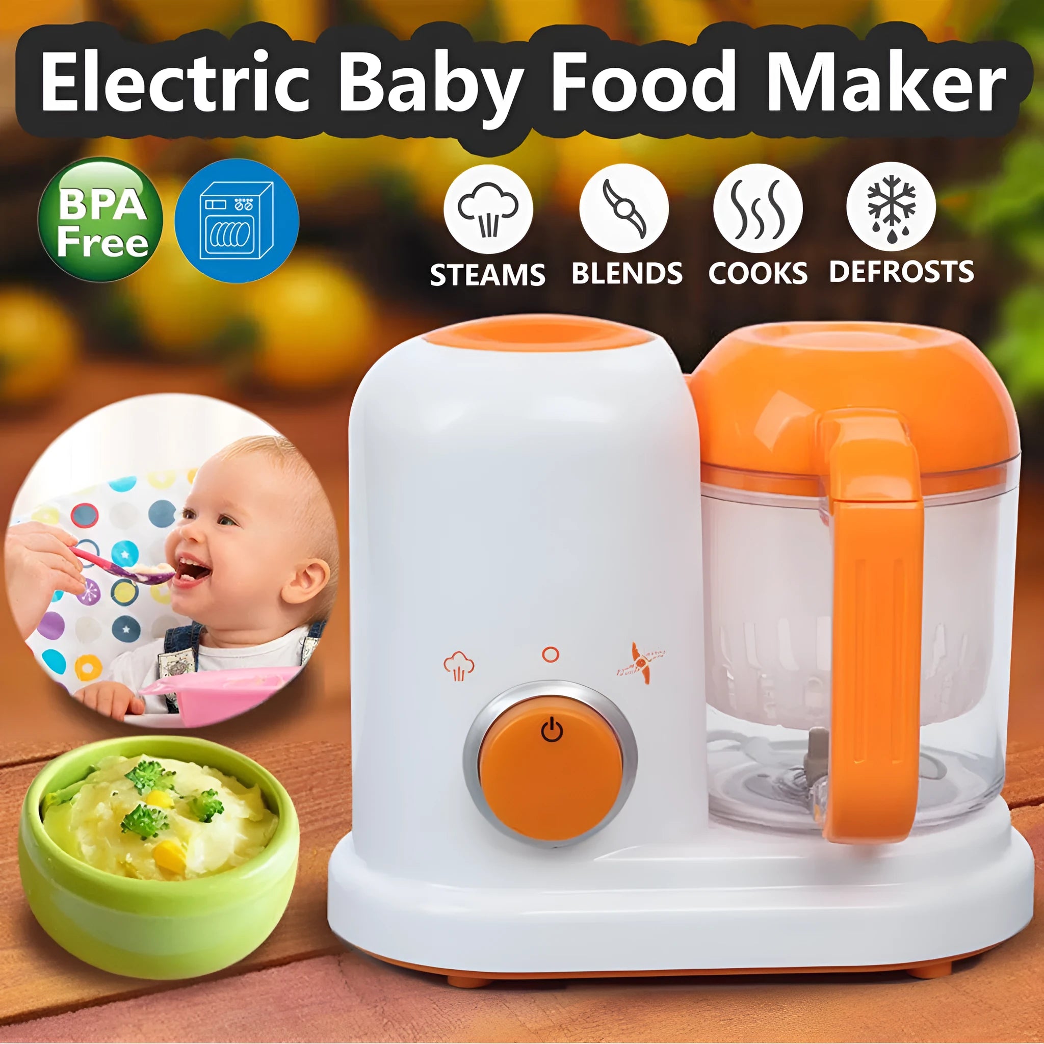 Multi-function baby food processor in light green with steam and blend functions, 190ml capacity, and BPA-free construction