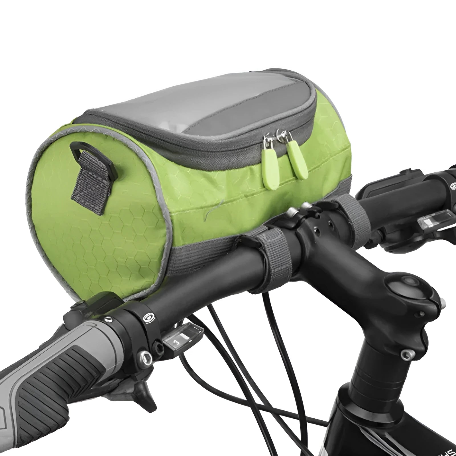 Rainproof bicycle handlebar bag in black with transparent phone window, 22cm length