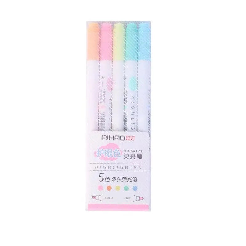 Five double head gel pens with highlighter function in blue, pink, green, orange, and purple colours