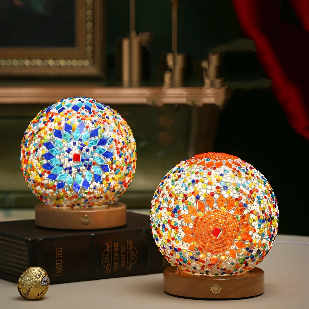 Small night light Bohemian style glass lamp flower shape with remote control rechargeable USB