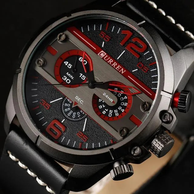 Men's army military watch with black dial, luminous hands, date display, and brown leather strap on wrist