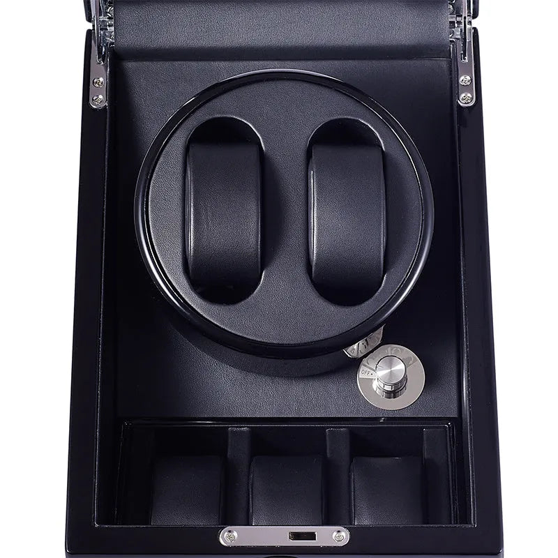 Black mechanical watch winder with piano paint finish, multiple rotation modes, and EU/US plug option.