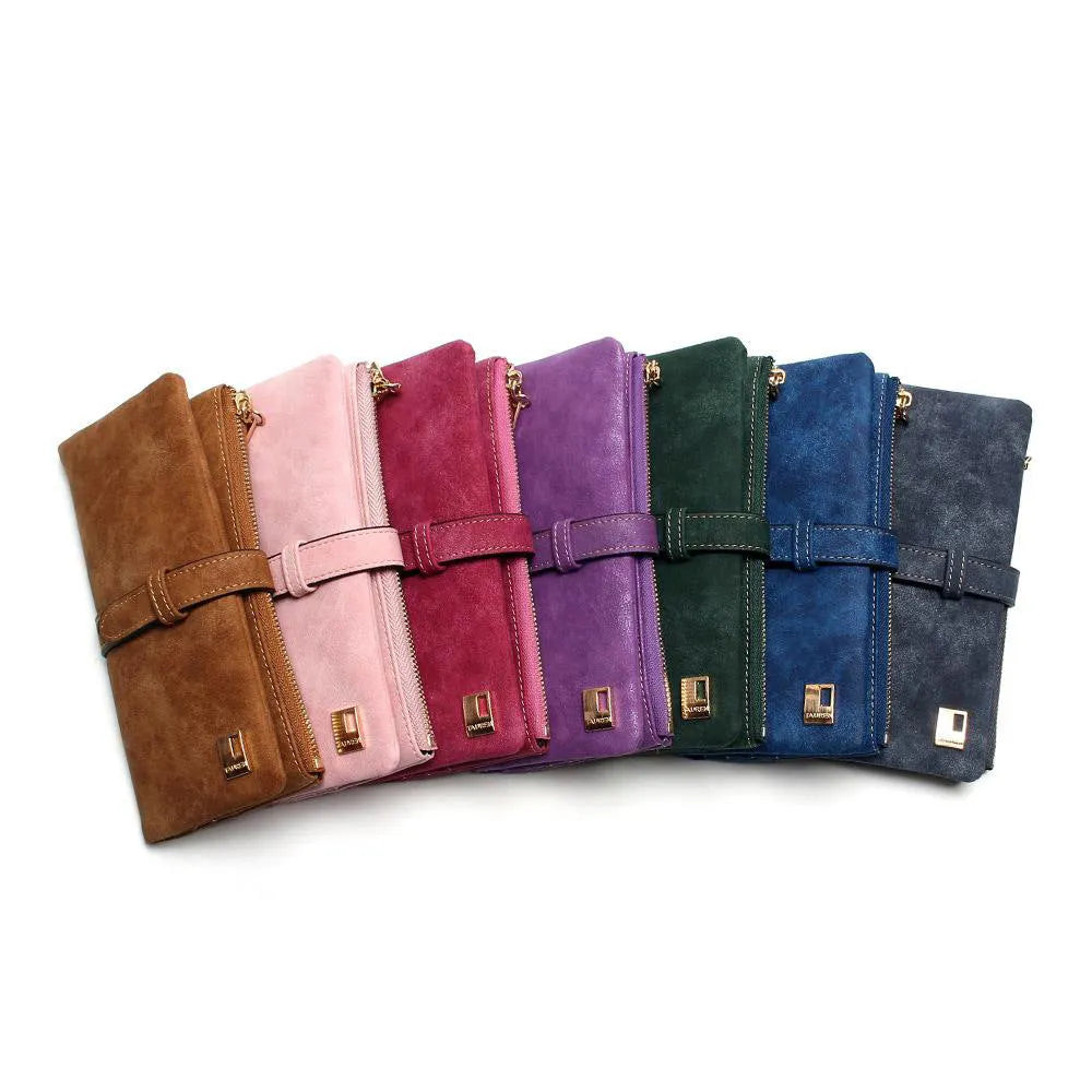 Korean-style retro matte leather-effect women's long wallet open showing interior card slots and organisation