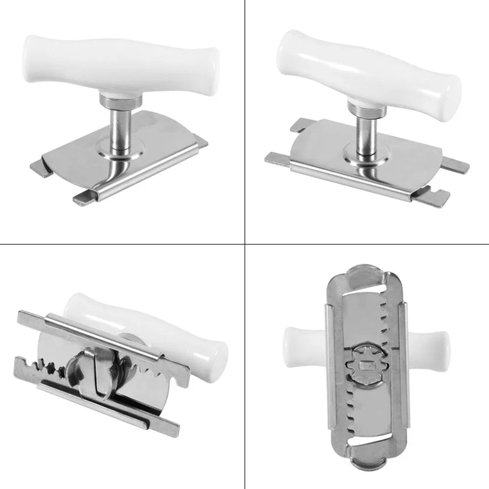 White adjustable stainless steel bottle opener with gear mechanism and PP handle on a plain background.