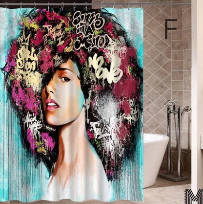 Vibrant Afro-urban printed shower curtain with modern building and African girl design