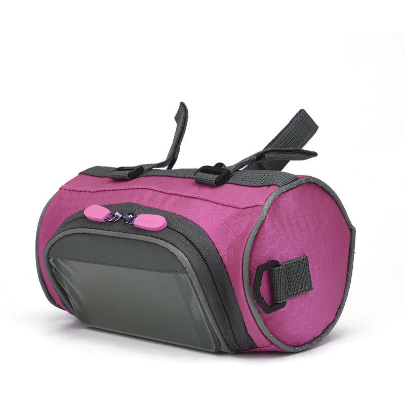 Rainproof bicycle handlebar bag in black with transparent phone window, 22cm length