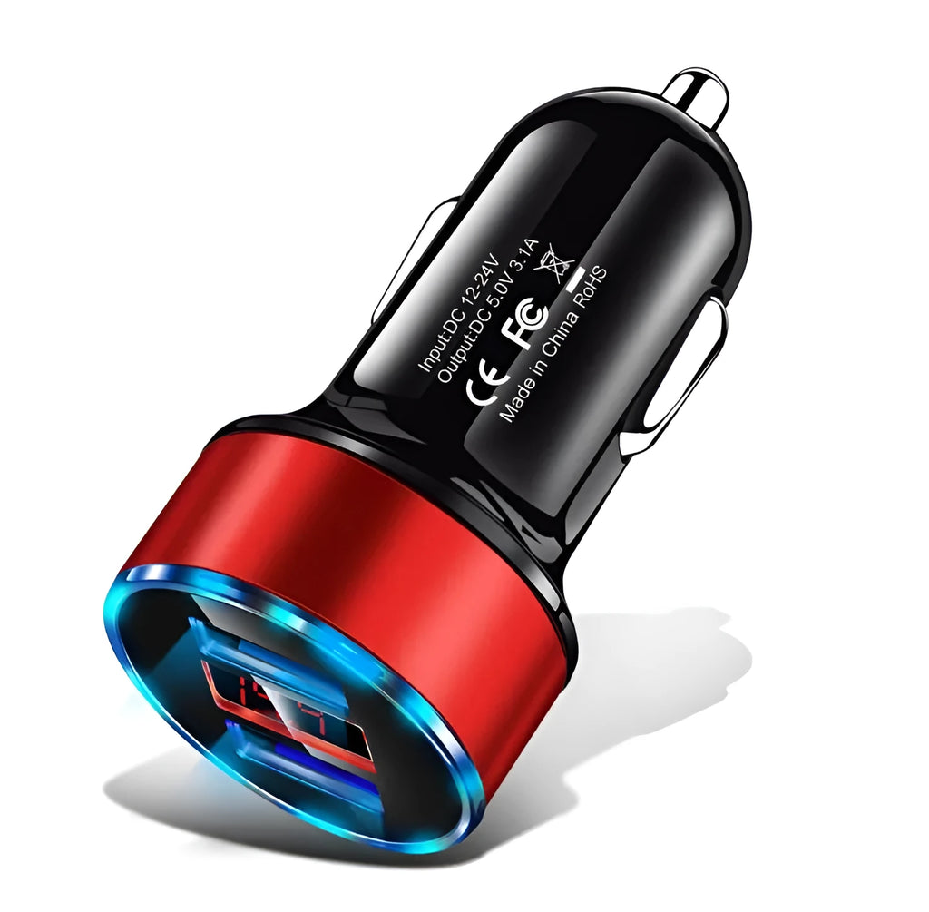 Dual USB car charger with digital display showing battery voltage, aluminium alloy ring, silver colour