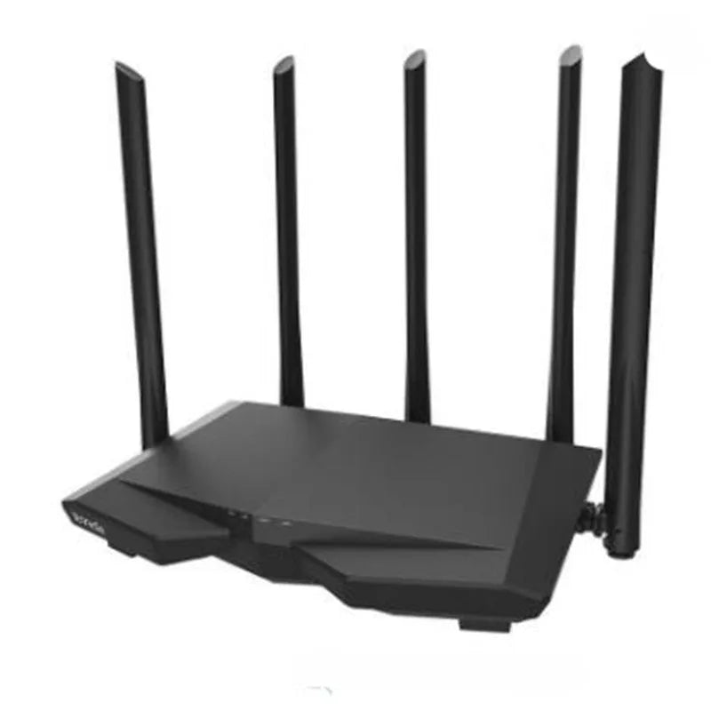 AC7 dual-band wireless router in black with four LAN ports and compact 220 x 141.5 x 49mm size