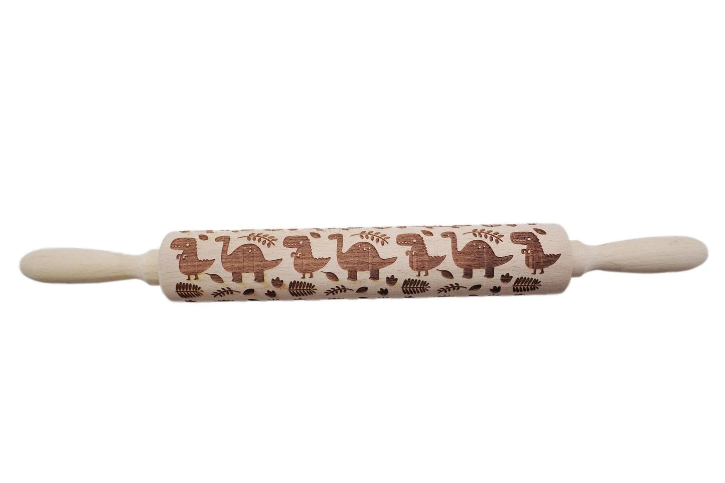 Personalized Christmas rolling pin with a variety of embossed holiday designs, including snowflakes, reindeer, and Merry Christmas patterns