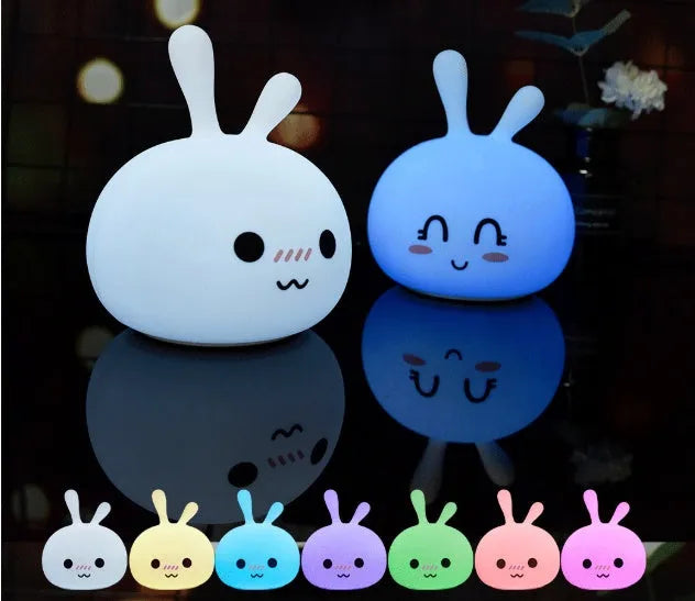 Marshmallow bunny LED night light with shy or happy face, 126x126x147mm, ABS and silicone construction