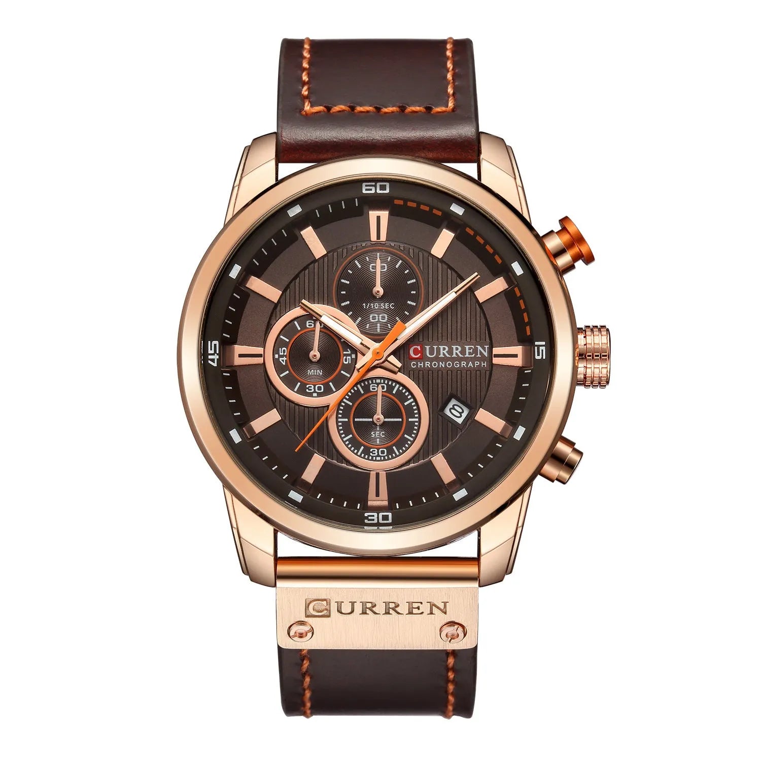 Men's quartz chronograph watch with black dial, leather strap, and titanium pin buckle 47mm waterproof
