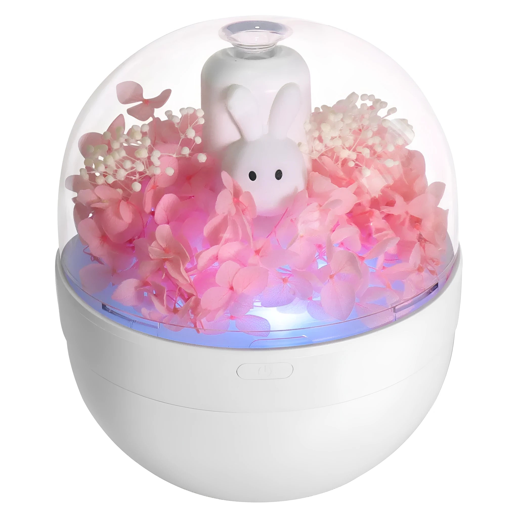 Pink creative rabbit-shaped aromatherapy humidifier with preserved flowers on top.