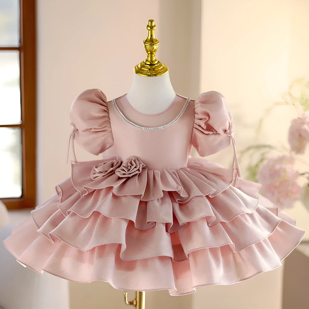 Girls pink princess piano performance dress with polyester lining, available in heights 80cm to 150cm