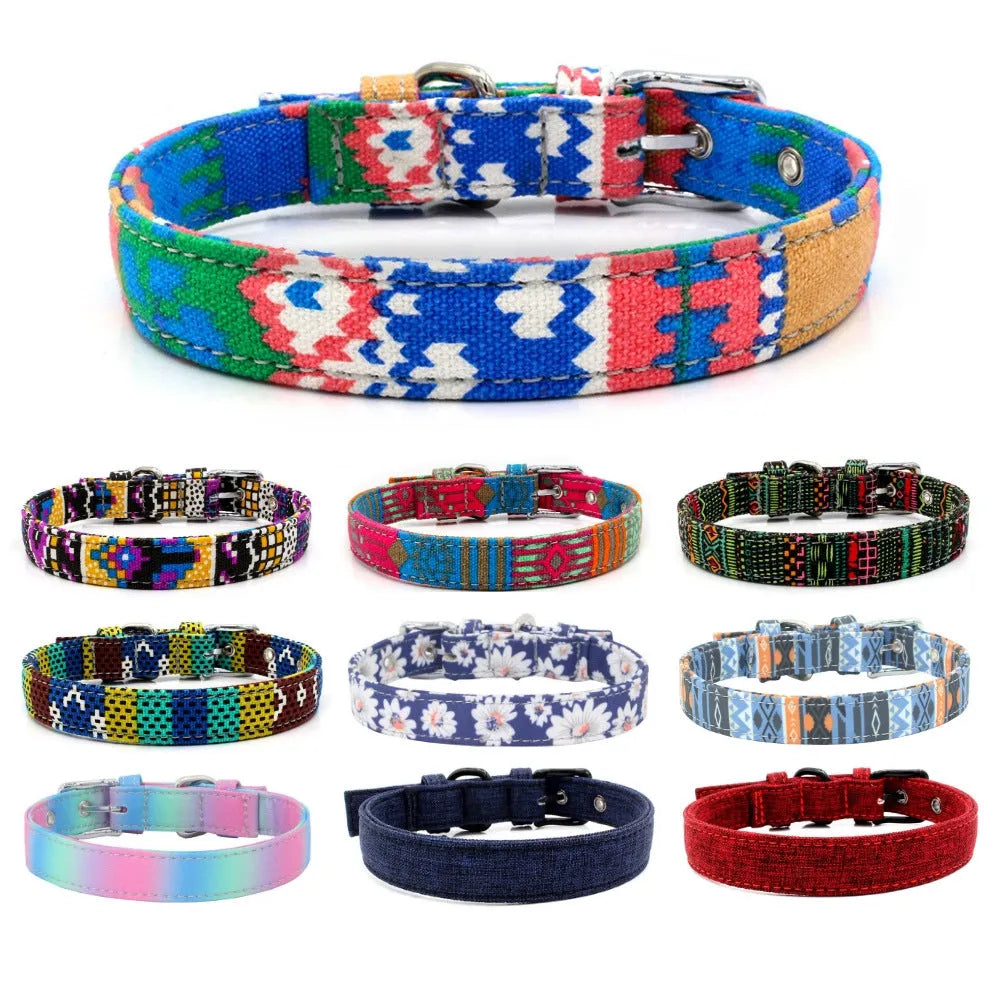 Canvas dog collar with reflective weave and traction leash in colourful fabric, four sizes XS to L