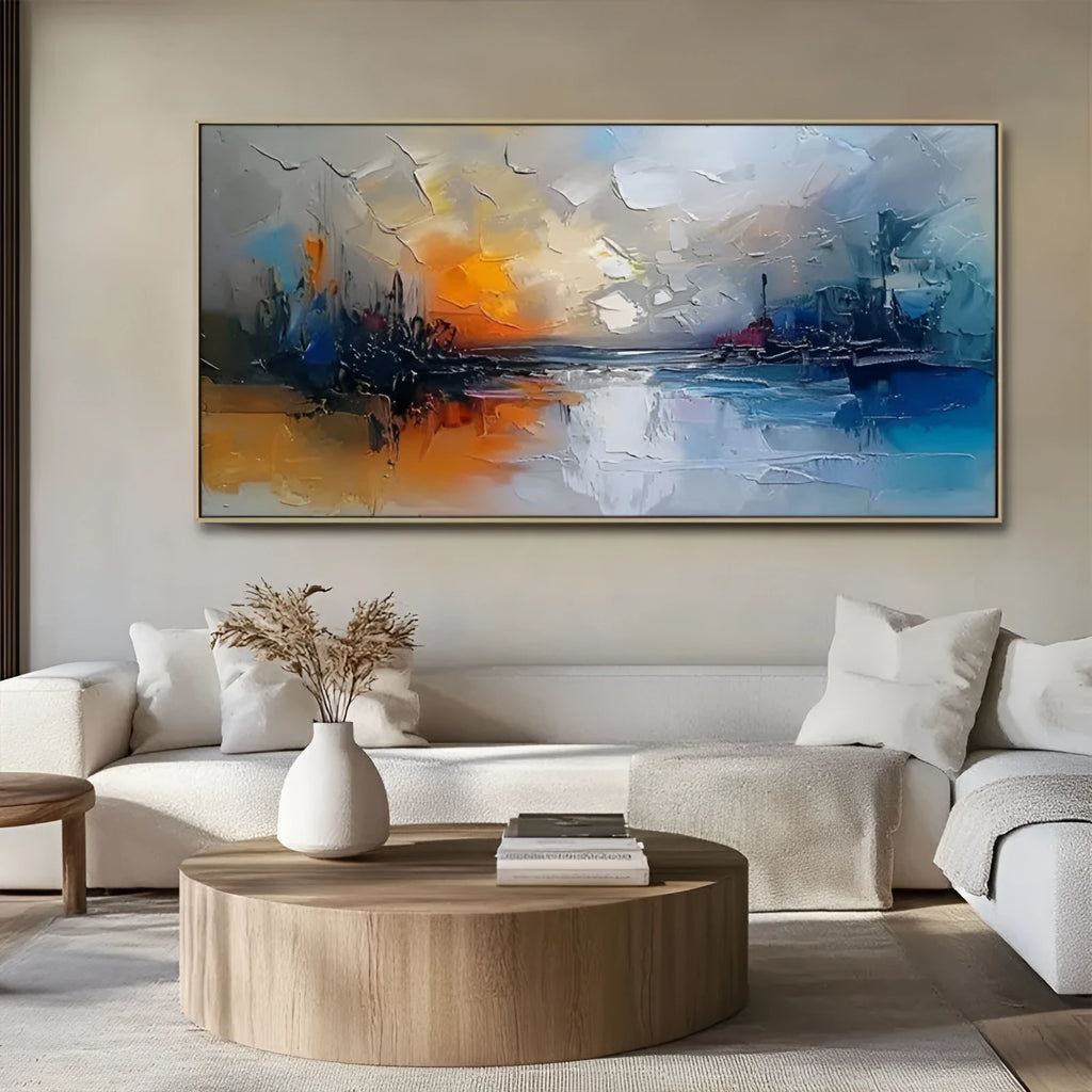 Hand-painted abstract landscape oil painting on canvas, horizontal modern wall art without inner frame, large size options