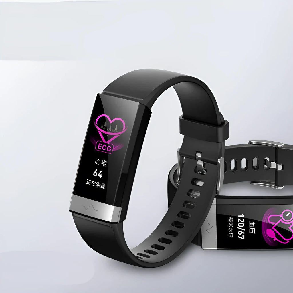 V19 smart fitness bracelet with colour screen on a wrist, shown in black, blue and red colour options.
