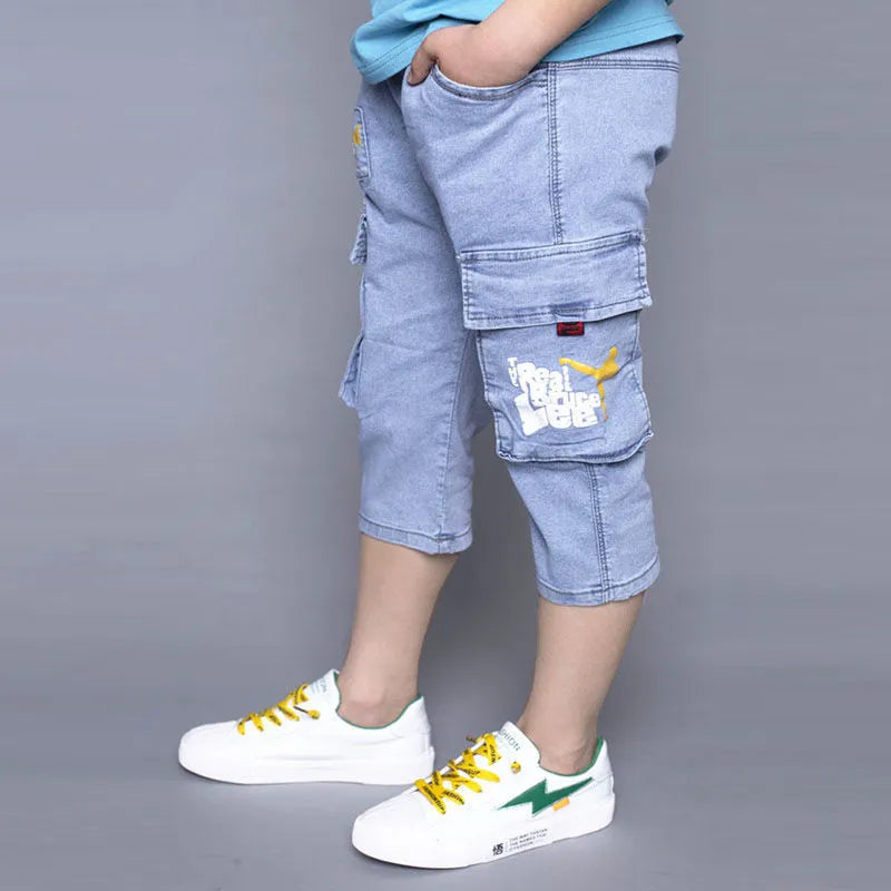 Boys loose stretch cropped jeans high waist cotton blue front view