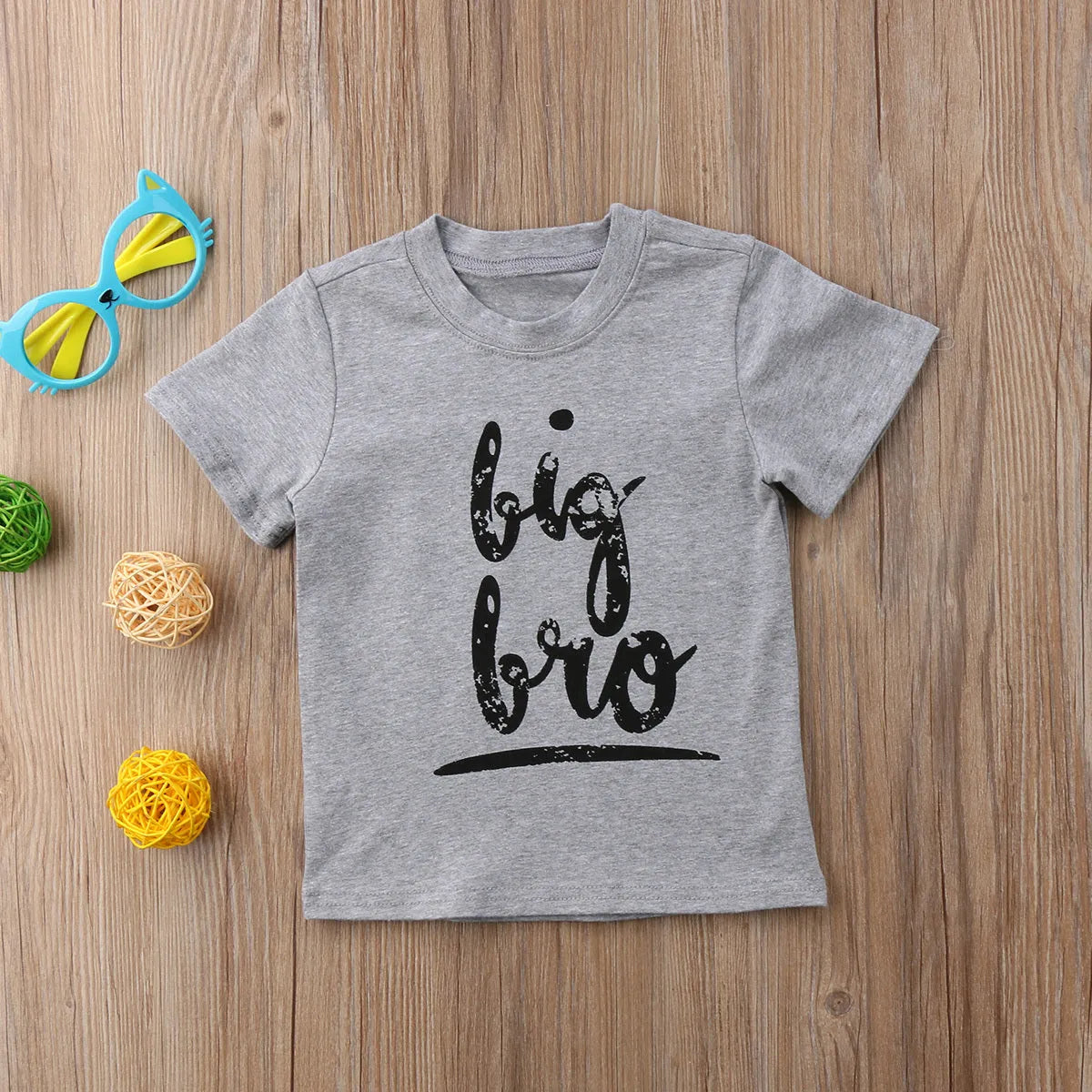 Grey cotton printed t-shirt showing size options from 60cm to 140cm on a size chart