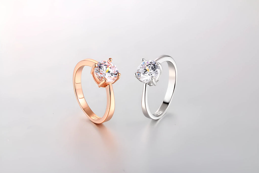 Rose gold and zircon ring with copper geometric band and gold-plated inlay for women