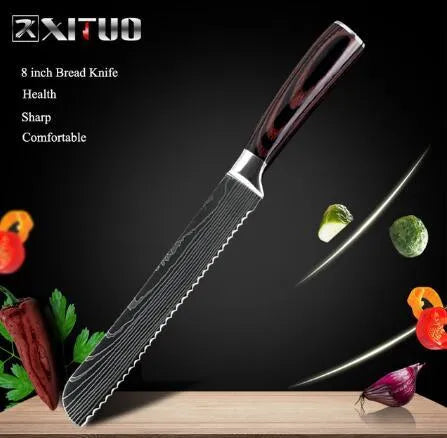 7Cr17 stainless steel kitchen knife with Damascus patterned 18 cm blade and coloured wood handle
