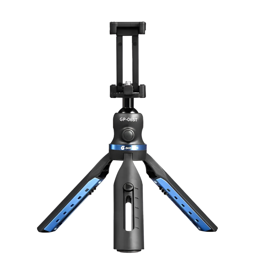 Black desktop phone tripod made of aluminium alloy and plastic, holding a smartphone.