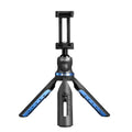 Black desktop phone tripod made of aluminium alloy and plastic, holding a smartphone.