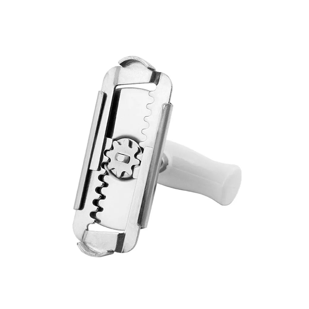 White adjustable stainless steel bottle opener with gear mechanism and PP handle on a plain background.