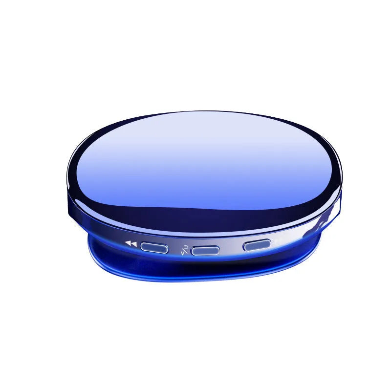 Compact Bluetooth MP4 music player in rose gold with an OLED screen displaying track info.