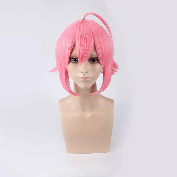 Pink upturned cosplay wig with artificial scalp and rose net inner cap, 35cm length, pre-styled for costume use.