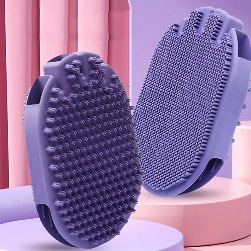 Purple pet shampoo brush with soft bristles and ergonomic handle for dog and cat grooming