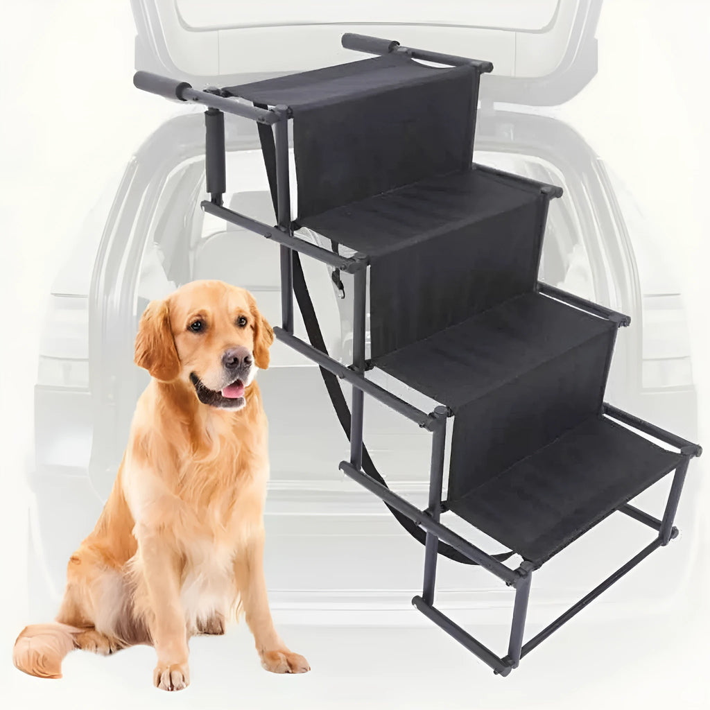 Folding stainless steel pet dog ladder in open position, showing steps, against a car boot.