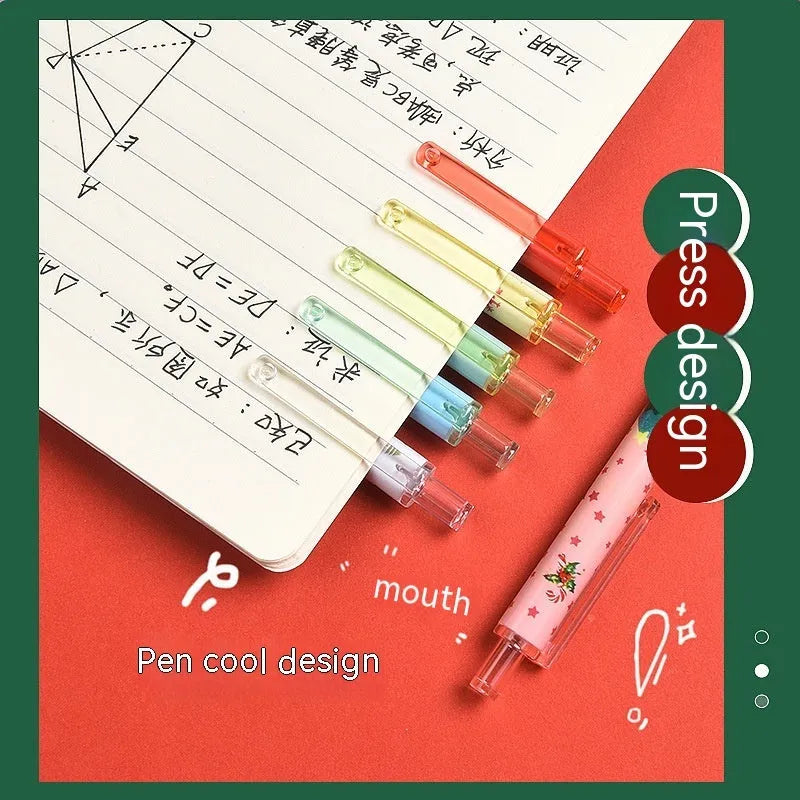Six colourful cartoon press gel pens with black ink in plastic shells as Christmas gift set