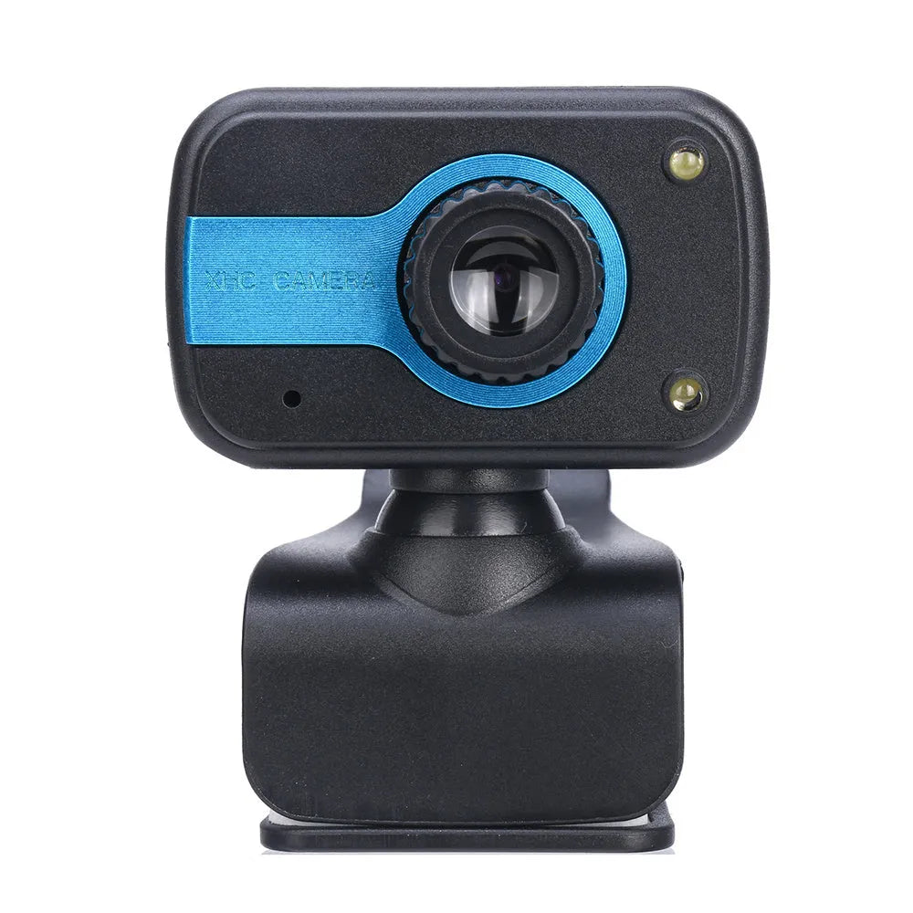 Blue mini USB webcam with rotating base on a laptop screen.
