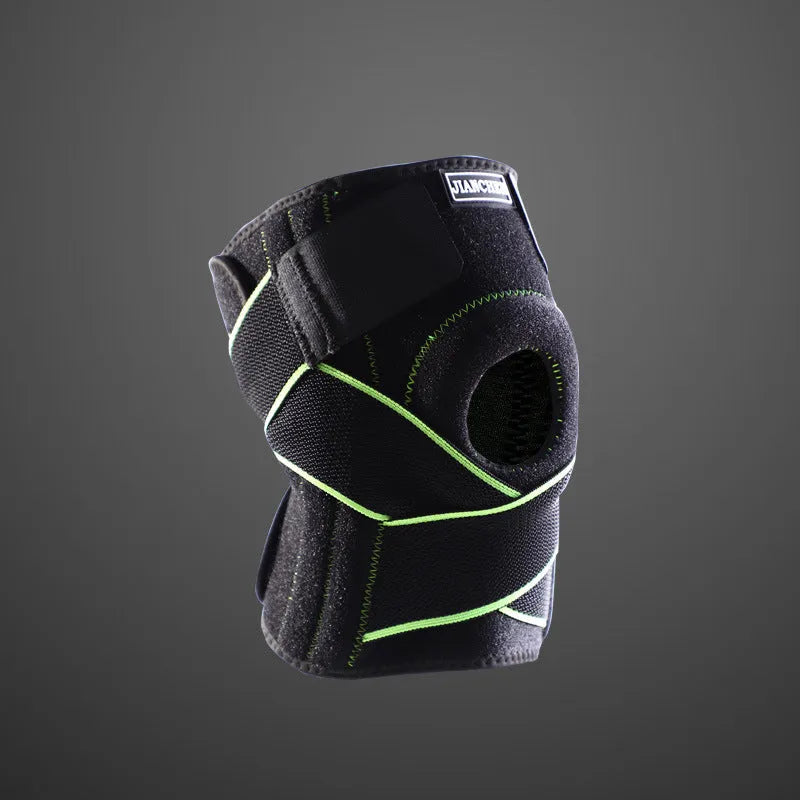 Black outdoor sports compression knee pads with metal spring, SBR pad, and magic buckle, Type A or B