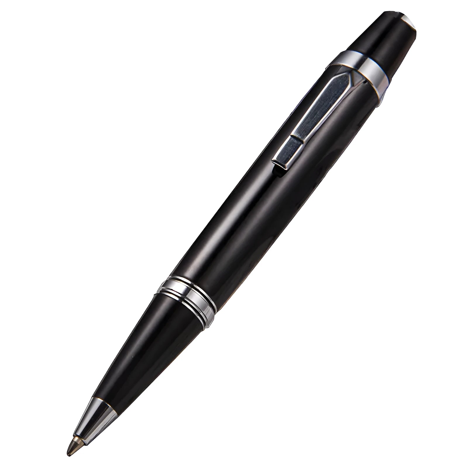 Short black metal ballpoint pen with rotating mechanism showing 112mm length