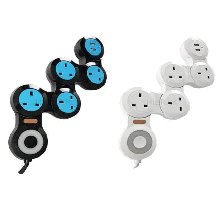 White and black UK 5-gang power strip with USB ports and a long cable.