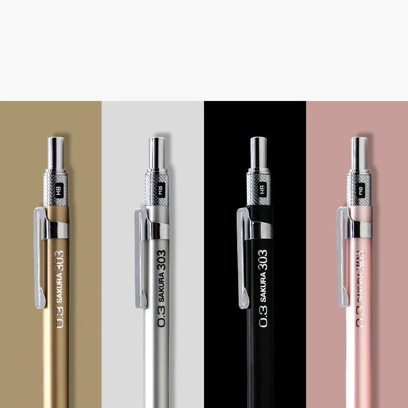 Japanese cherry blossom metal mechanical pencil in gold, silver, black, or pink with 0.5mm or 0.3mm lead options