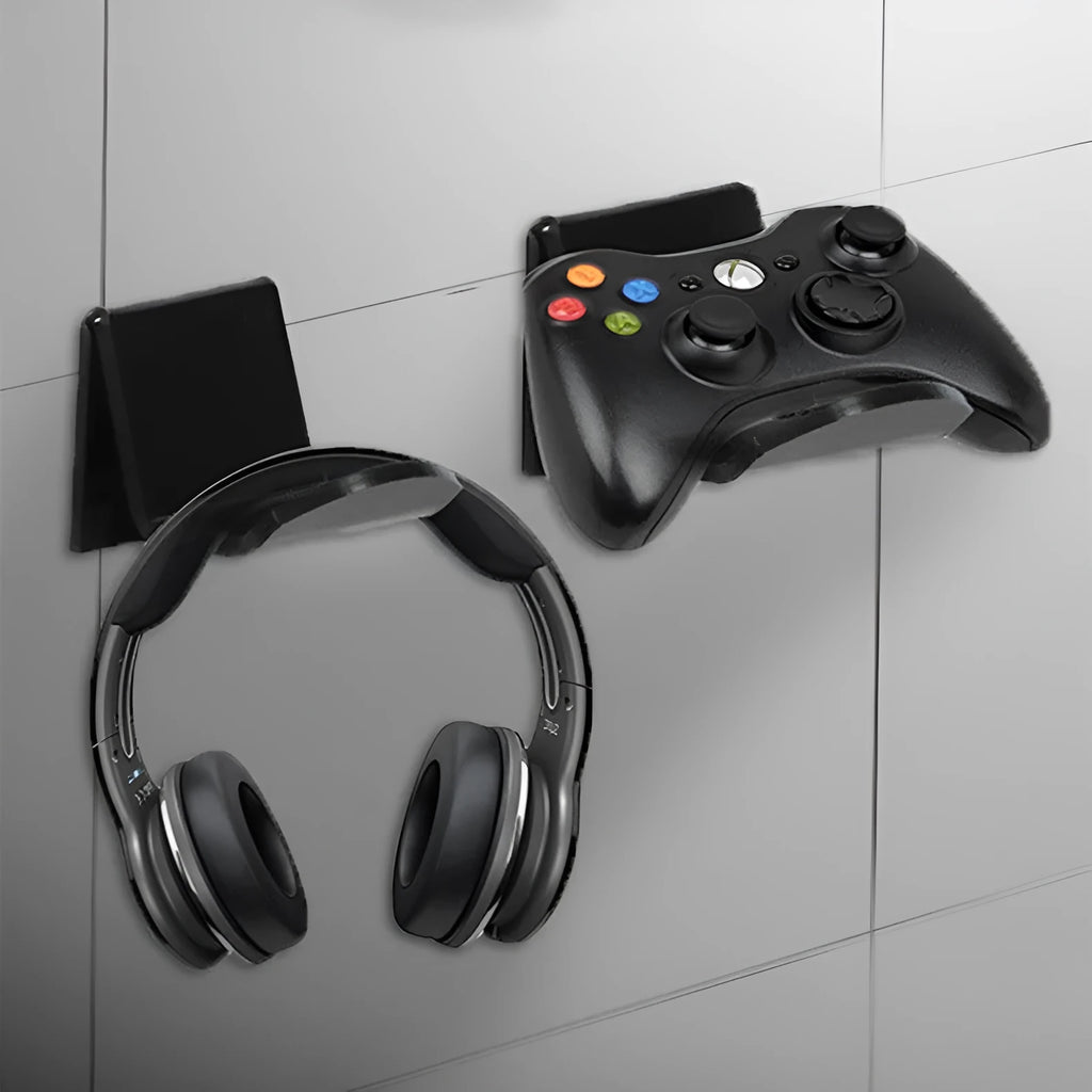 Universal gaming controller wall mounting bracket shown in black, white and transparent colour options