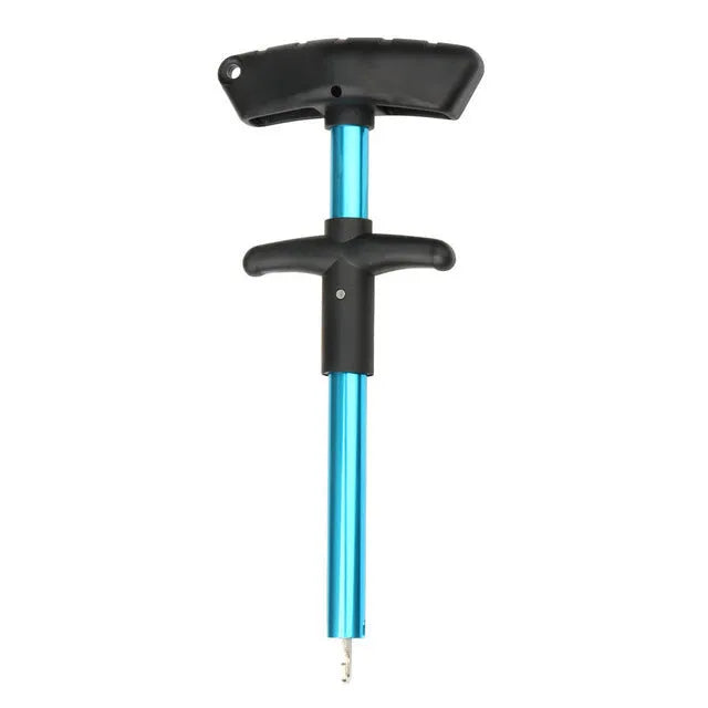 Portable T-shaped fishing hook extractor in black with anodized aluminium handle and stainless steel hook