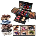 Open piano-shaped makeup palette showing rows of 190 coloured eyeshadow, blush, and powder pans