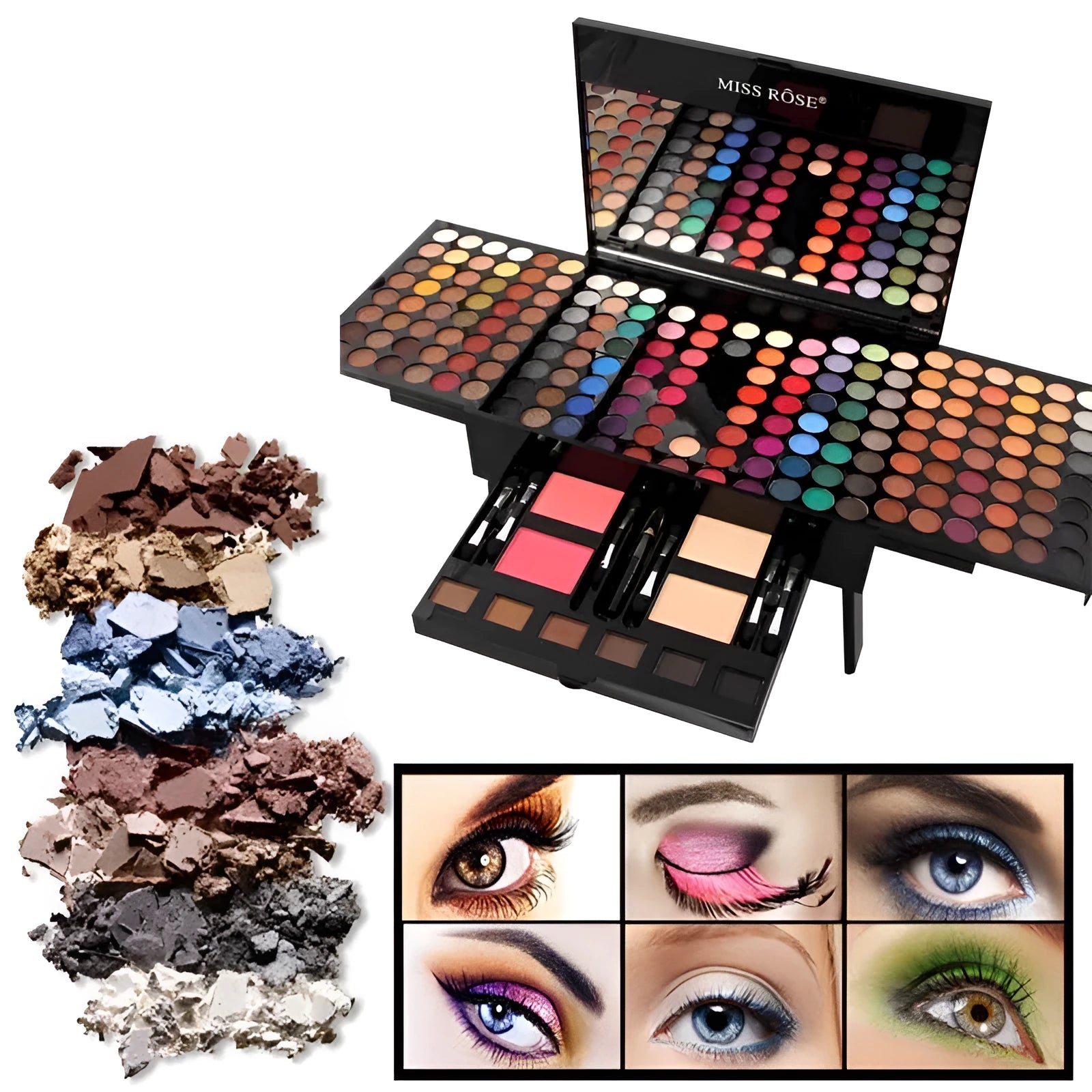 Open piano-shaped makeup palette showing rows of 190 coloured eyeshadow, blush, and powder pans