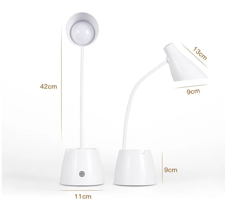 LED folding eye protection table lamp in beige, white, or three colour, with aluminium and ABS body, 8W output, and rechargeable battery