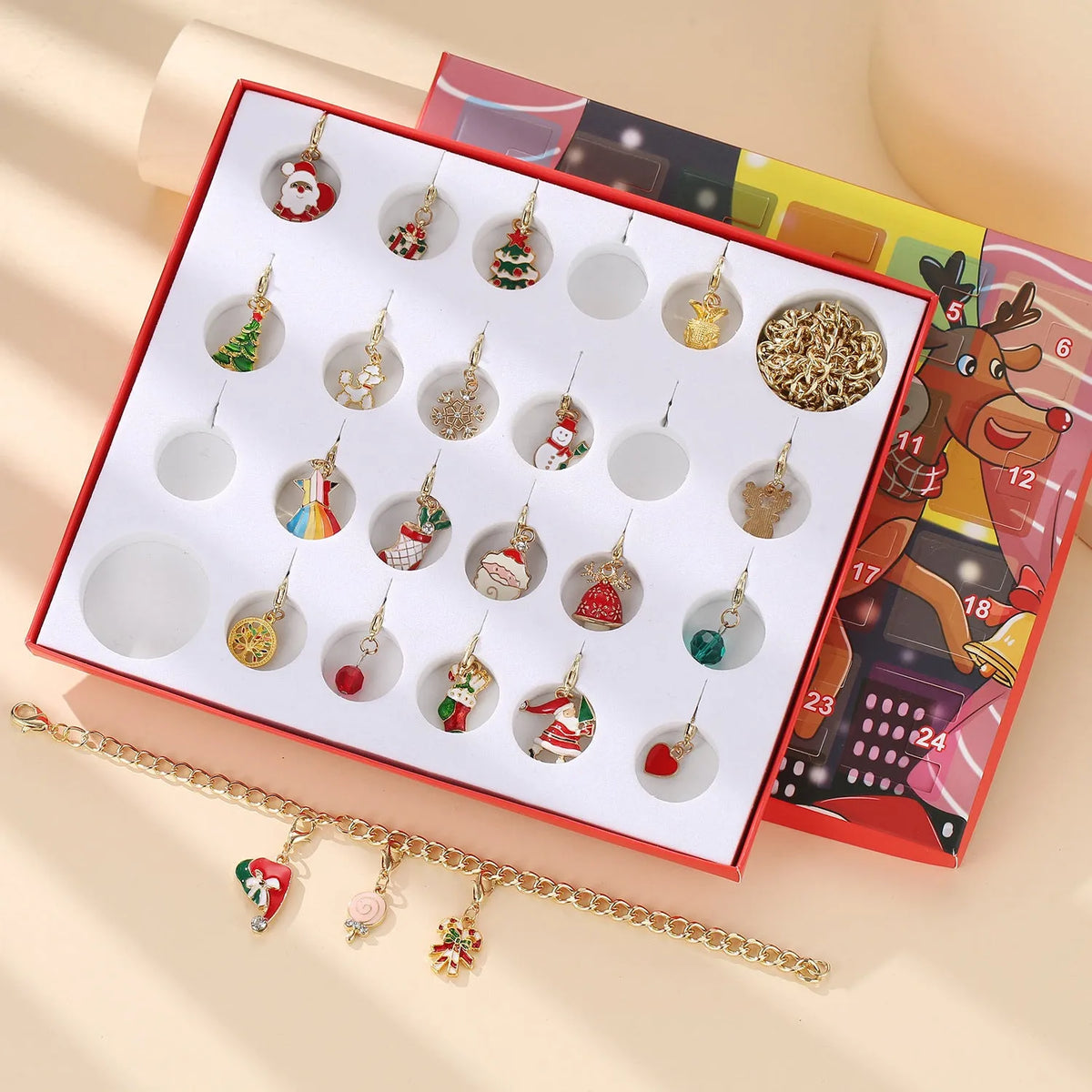 Red Christmas advent calendar DIY charm bracelet and necklace making kit with 22 mini alloy charms and beads, 21cm x 16cm x 1.8cm