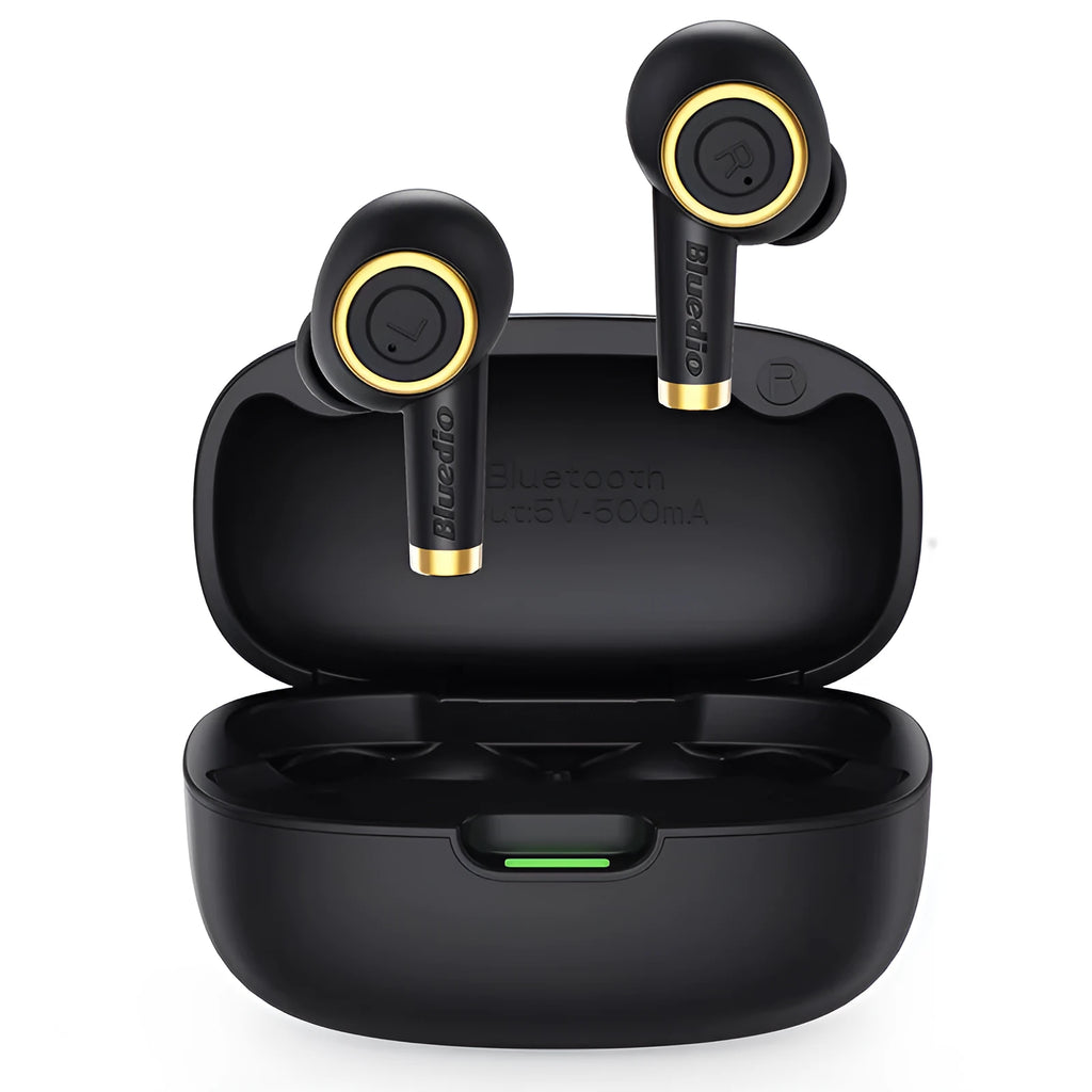 Black true wireless sports headphones with three sizes of earplugs and USB Type-C charging cable