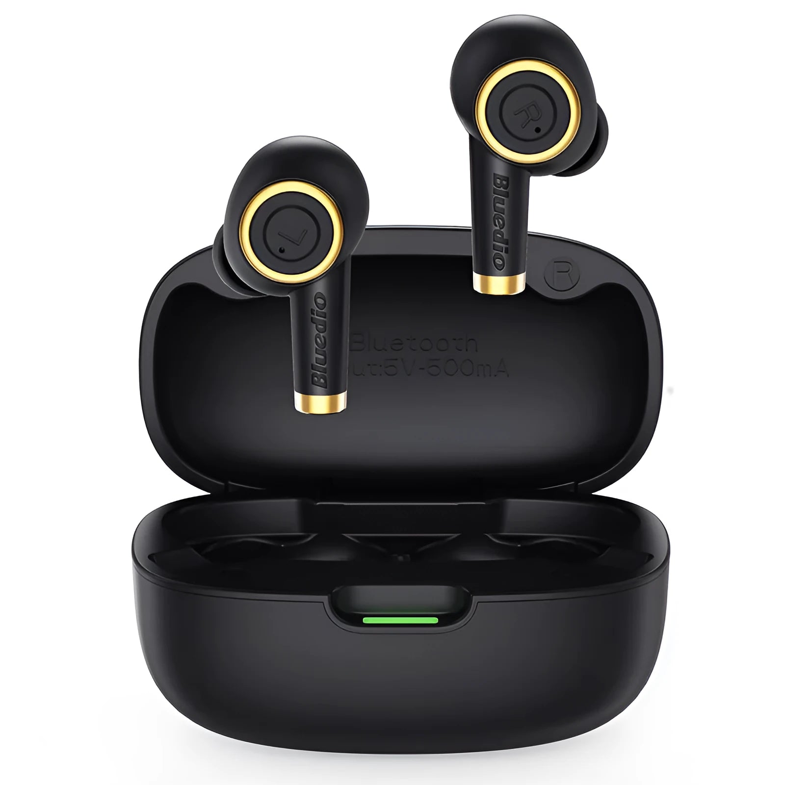 Black true wireless sports headphones with three sizes of earplugs and USB Type-C charging cable