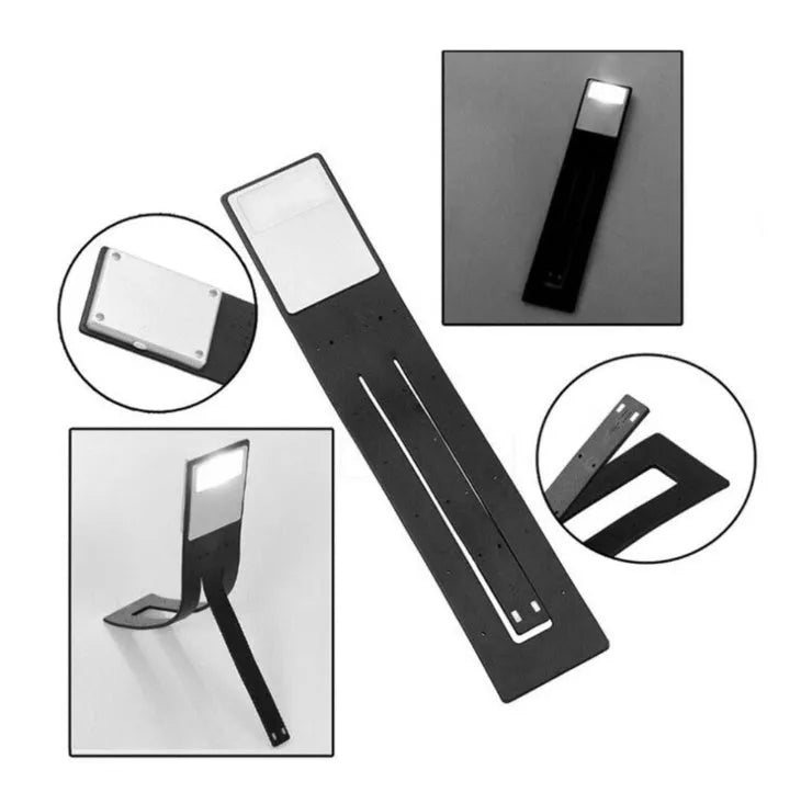 Black folding LED reading lamp clipped to a Kindle e-reader showing adjustable brightness settings