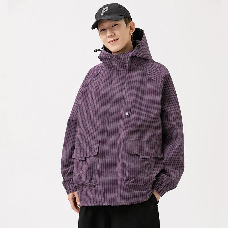 Men's hooded assault jacket in black, purple, green or caramel, loose polyester workwear coat with side pockets, sizes S-3XL