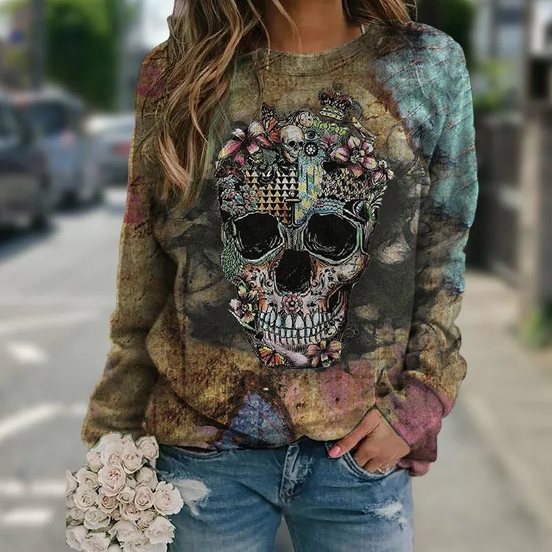 Black long sleeve sweatshirt with a detailed white skull and skeleton bone graphic print on the front.