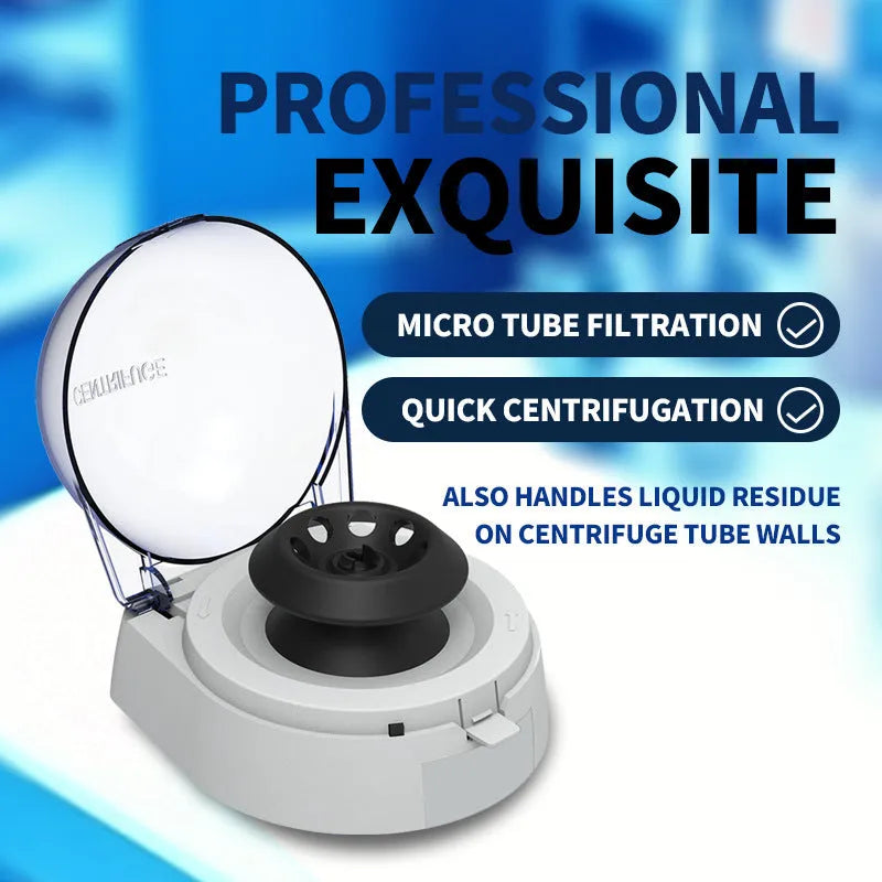Compact mini laboratory centrifuge on a benchtop with dimensions 157mm by 170mm
