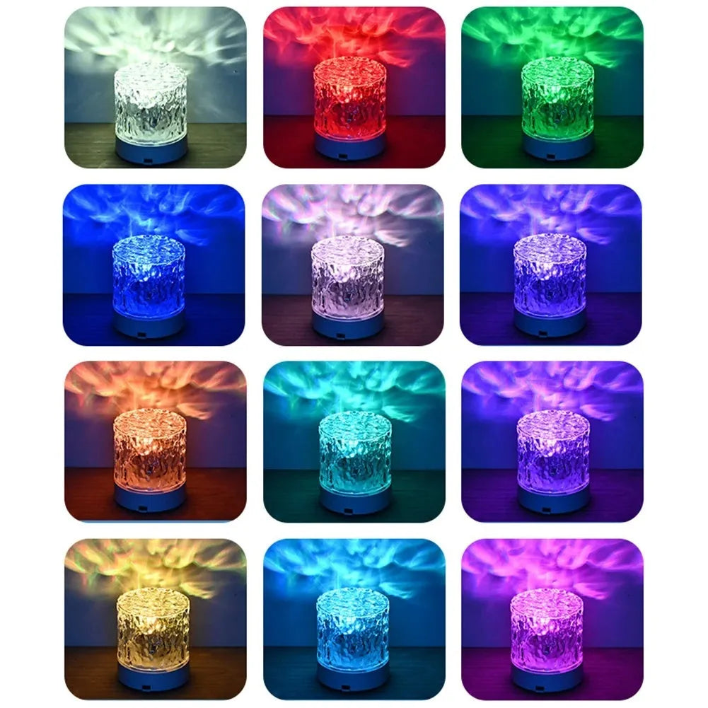 Crystal water ripple projector night light with acrylic lampshade, USB charging and touch control on a table